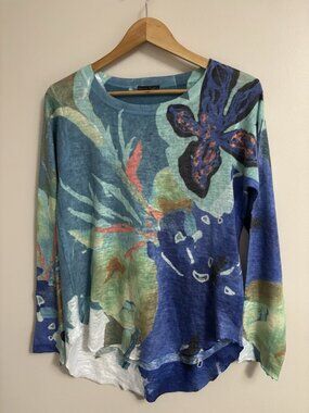 Nally & Millie Floral Print Summer Weight Sweater Art To Wear M Stretch